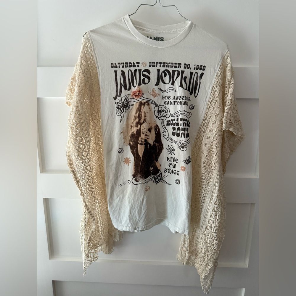 Upcycled Janis Joplin Graphic Tee with Lace Sleeves